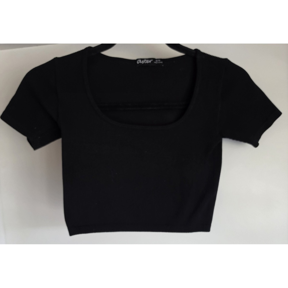 Aster Crop Top Women S/M Black Ribbed Short Sleeve Shirt Blouse Tee